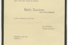 overlijdenskaart van Nelly Zondag 1e vrouw van Jan Z. en moeder van Loeki